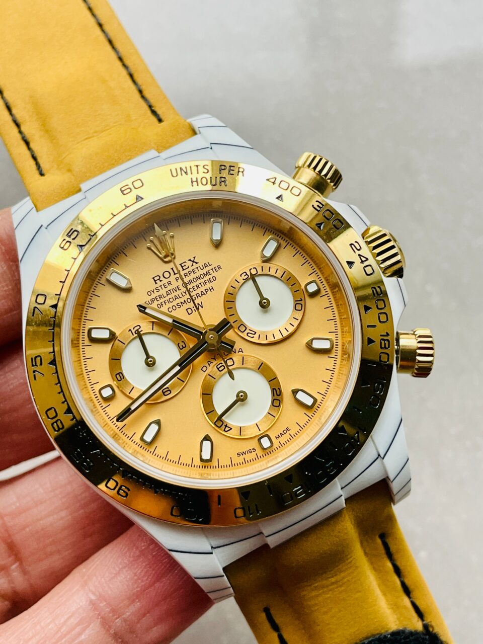 DIWF Factory 1:1 Daytona DIW White Carbon/YG Best Edition Gold Dial A7750