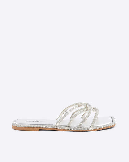 Silver Embellished Twist Strap Flat Sandals