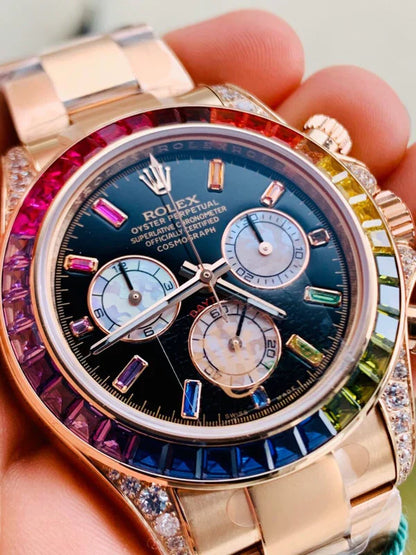 BLF Factory 1:1 Daytona 116589RBOW YG Rainbow Crystal Best Edition Black Dial A4130