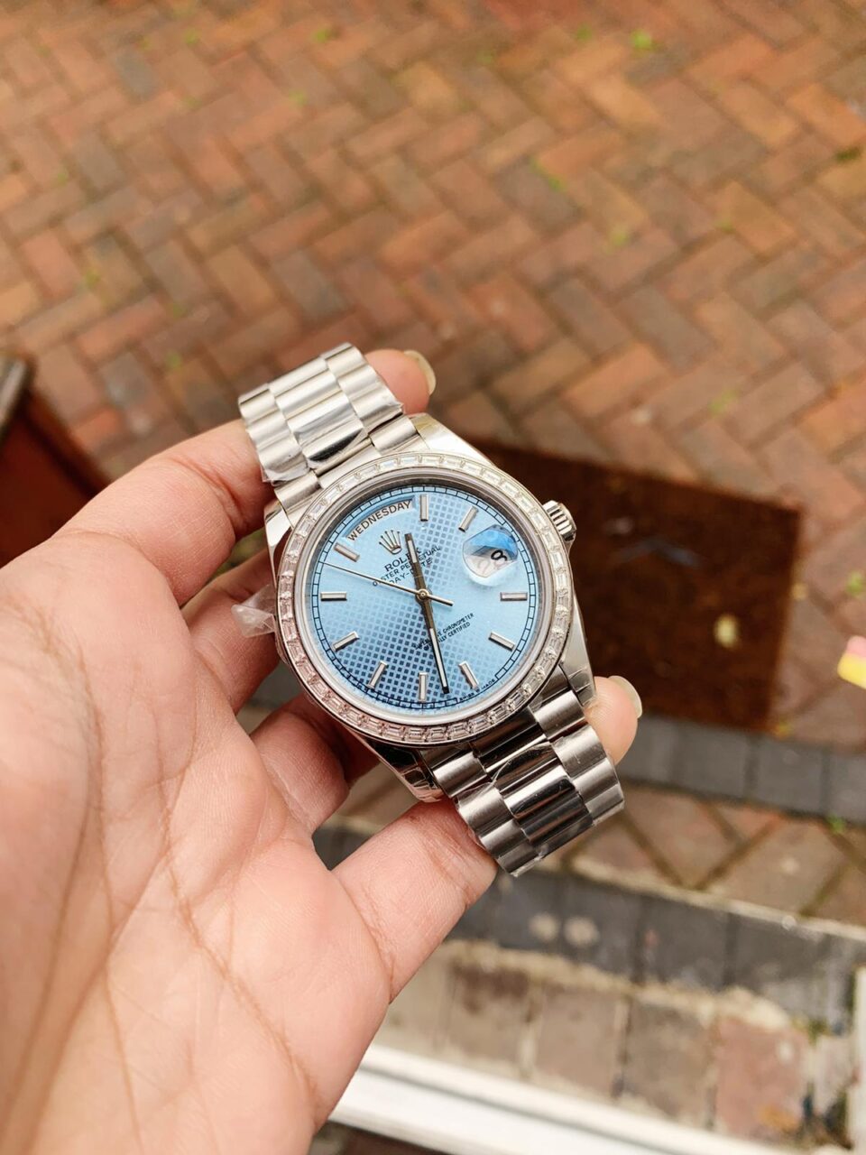SS Factory 1:1 Day Date II Best Edition BAGUETTE DIAMONDS Bezel Ice Blue Dial Crystal Markers A3255