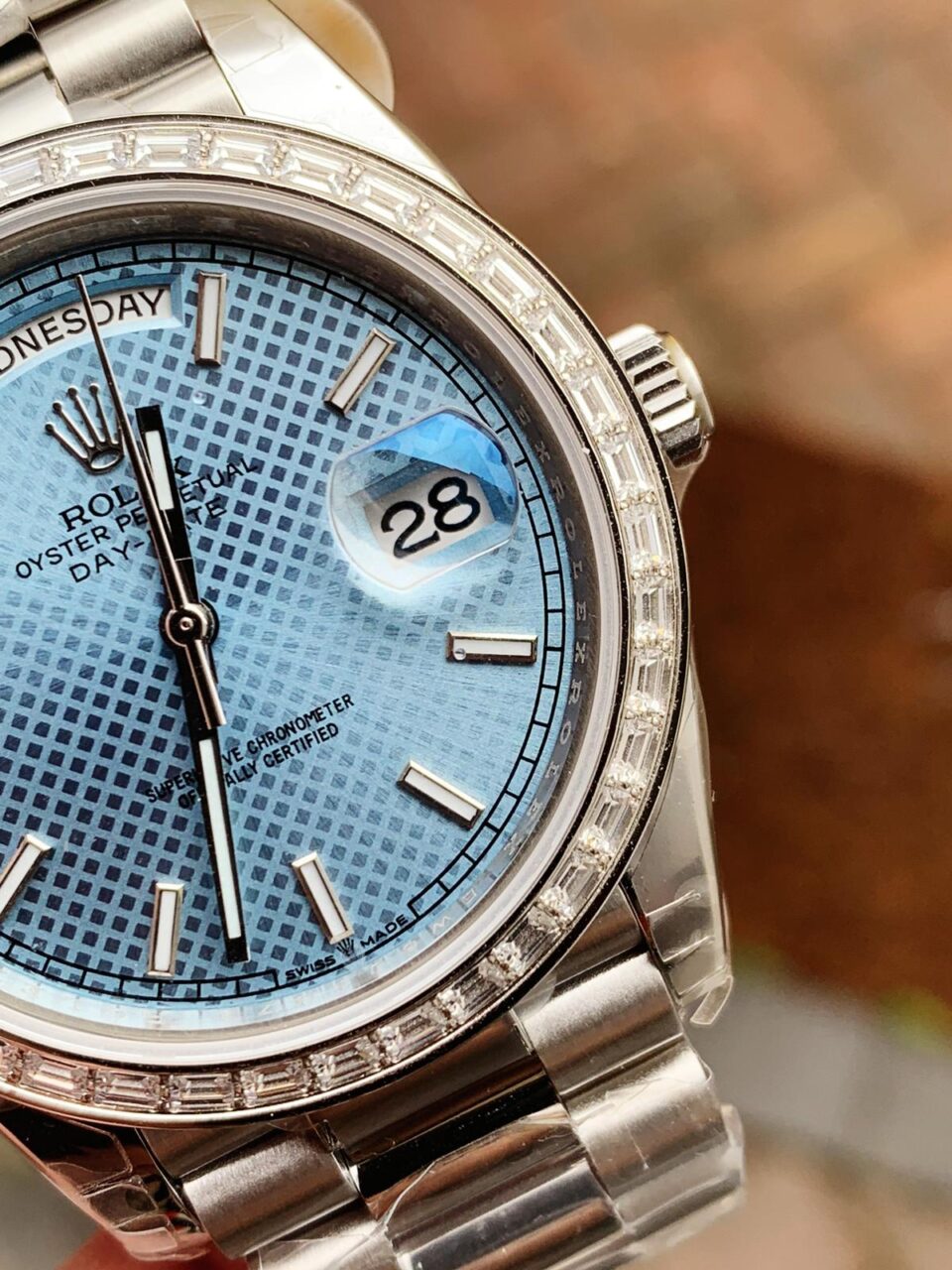 SS Factory 1:1 Day Date II Best Edition BAGUETTE DIAMONDS Bezel Ice Blue Dial Crystal Markers A3255