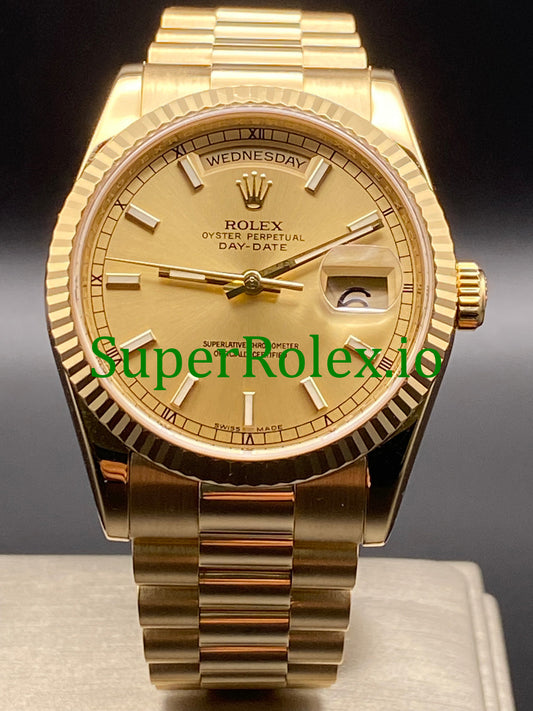 Day-Date 36MM Yellow Gold Champagne Index Dial Ref.118238